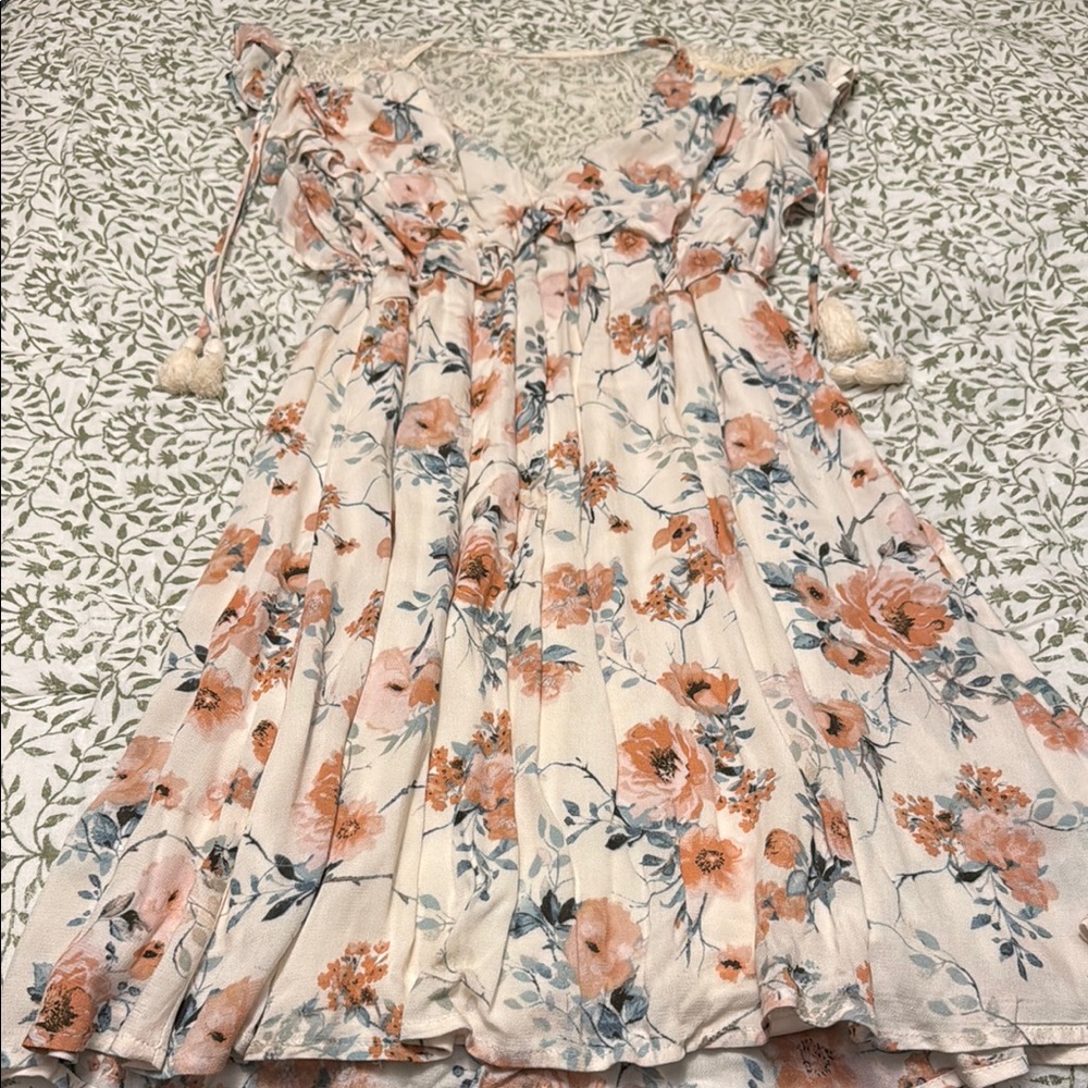 Floral Dress in Cream and Orange, lace back.
